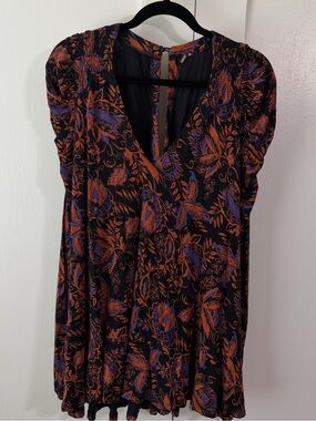 Free People Black Tunic with Orange and Purple Floral Print